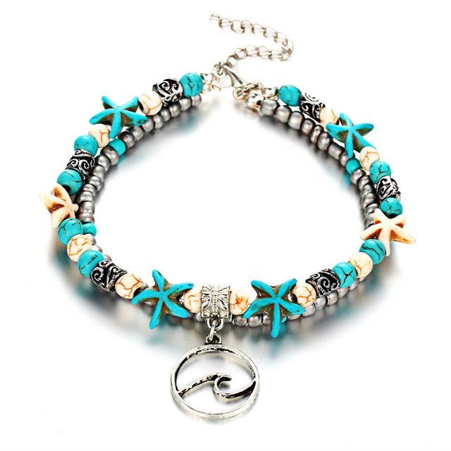 Multilayered Vintage Shell Beads Starfish Anklets for Free spirited women