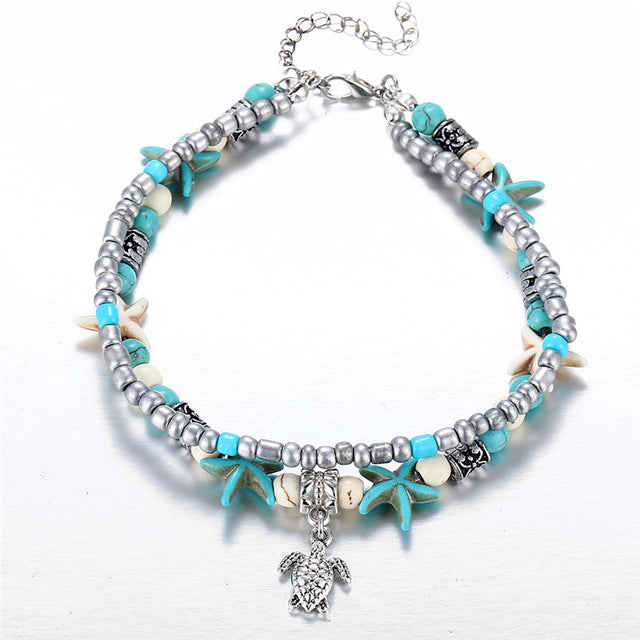 Multilayered Vintage Shell Beads Starfish Anklets for Free spirited women